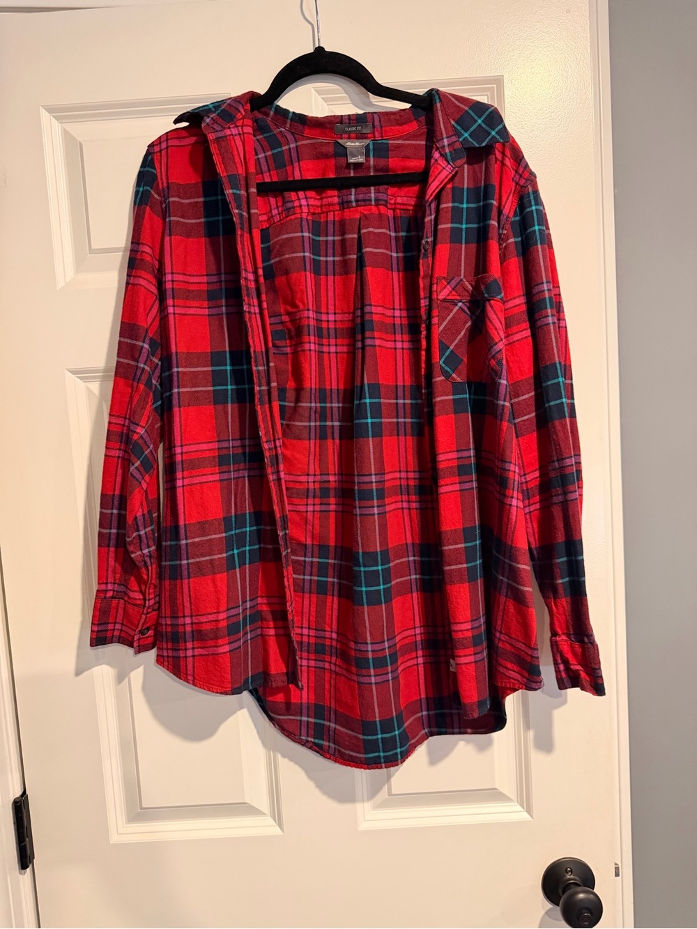 Eddie Bauer Red Plaid Hooded Button-Down Shirt
